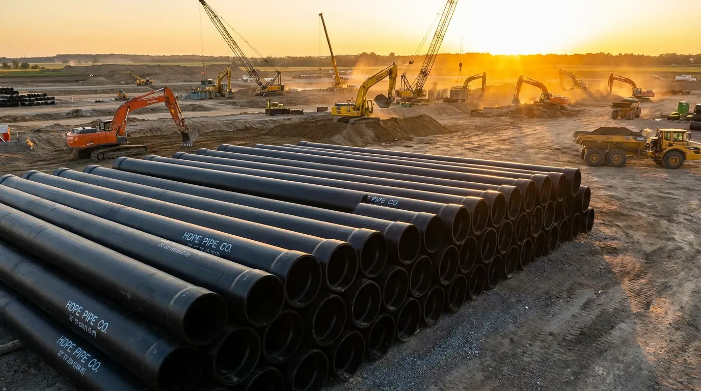 Large-Diameter HDPE Pipe storage at infrastructure site
